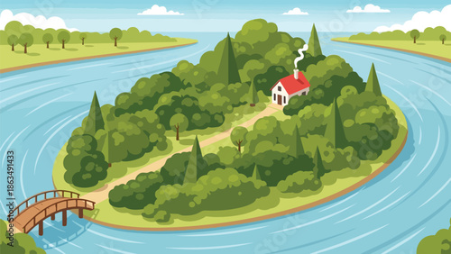 A quaint animated house on a verdant island, embraced by a flowing river, connected by a wooden bridge under a peaceful blue sky, illustrating a