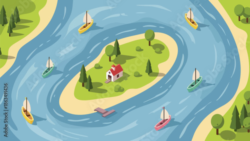 Scenic river landscape with island home and colorful sailboats peacefully navigating the blue waters