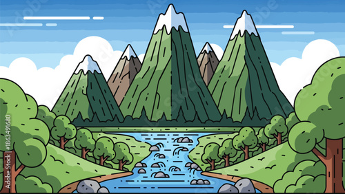 A delightful cartoon landscape showcasing towering snow-capped peaks, a lively flowing river, and abundant green trees beneath a clear blue sky scene