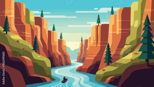 Vibrant flat-design vector landscape shows winding river through majestic canyon. Solitary kayaker paddles. Towering rock walls and green trees