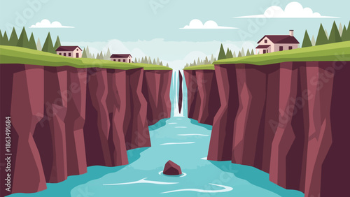 Serene canyon vista with flowing river, cascading waterfall, and cozy homes perched on towering precipices illustration