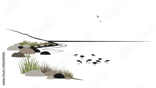 Minimalist illustration of a serene coastal landscape with foraging wading birds and distant flying fowl under an open expanse
