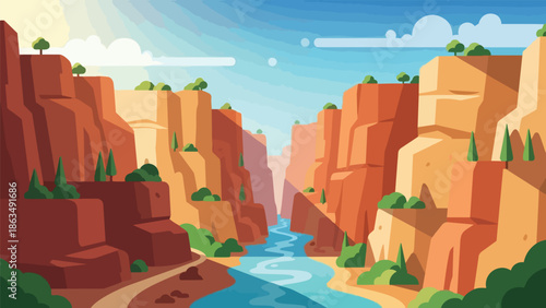 Vibrant canyon landscape with a winding river under a clear sky an ideal representation of vast natural beauty and serene wilderness vista