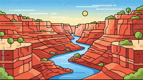 An expansive stylized river canyon carved by ancient waters under a clear sky with a vibrant sun showcasing nature's enduring power and captivating