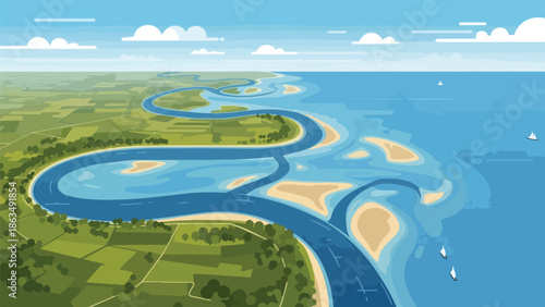 Aerial perspective of a vibrant river delta landscape, where winding waterways cut through verdant fields before emptying into the vast blue ocean