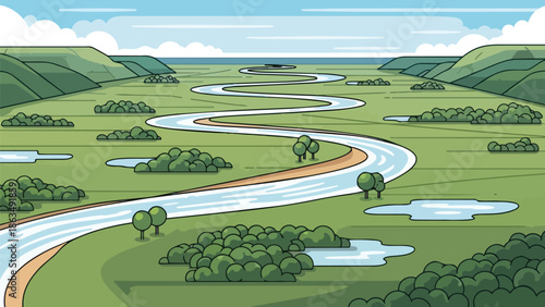 Winding river through a lush green valley, gentle hills, scattered bushes, serene ponds under clear sky