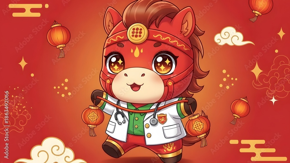 Fototapeta premium Charming Fire Horse Illustration in Red and Gold Lunar Theme
