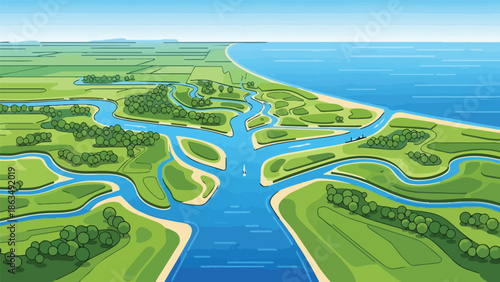 An expansive aerial depiction of a vibrant river delta meeting the vast ocean under a clear sky, showcasing intricate waterways and lush green