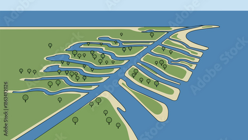 An intricate aerial map illustration depicts a complex coastal delta ecosystem with meandering blue waterways and numerous green islands. Scattered