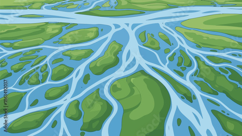 Aerial illustration of a complex braided river system winding through lush green terrain, showcasing intricate waterways