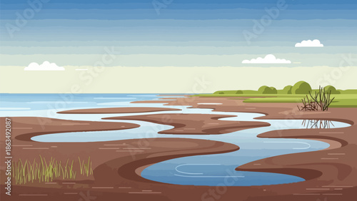 Tranquil wetland landscape illustration with winding water channels and distant shore