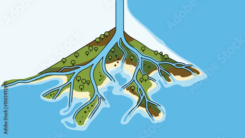 Illustrative depiction of a river delta with branching channels and green landmasses merging into blue waters