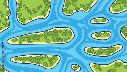 Stylized aerial perspective of a meandering blue waterway featuring numerous verdant green islands dotted with circular trees and surrounding