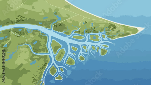 Detailed aerial illustration of a vibrant river delta landscape emptying into a vast blue ocean