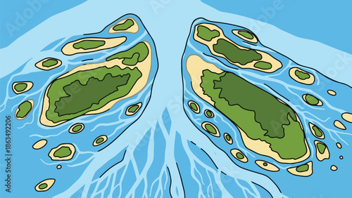 Aerial view of an intricate river delta or island archipelago network, displaying complex waterways