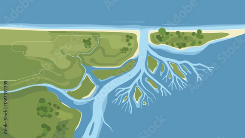 An intricate aerial illustration showcasing a vibrant river system branching into a magnificent delta landscape before merging with the expansive