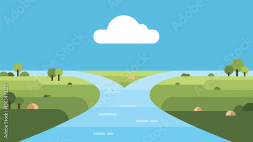 A tranquil minimalist vista featuring a branching river under an expansive blue sky with a solitary cloud, symbolizing future decisions and