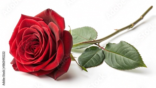 Classic Red Rose Flower with Green Leaves Isolated on White Background