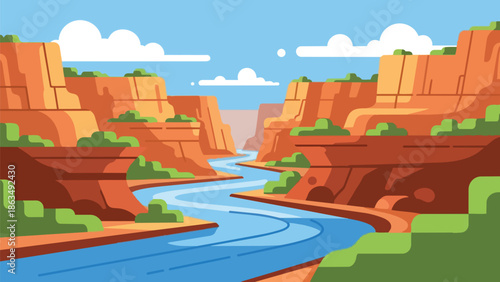 A beautifully rendered vector illustration showcasing a majestic river carving its path through an expansive sun-kissed canyon adorned with lush