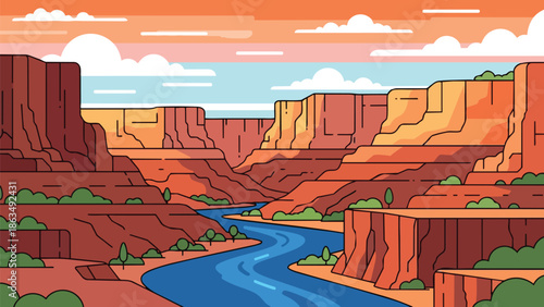 Striking vector illustration depicting a vast canyon landscape with a winding river under a vibrant sunset sky, showcasing layered rock formations