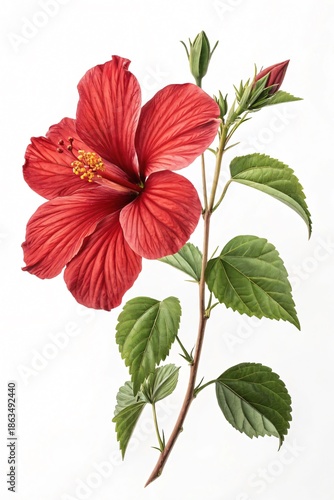 Red Hibiscus Flower with Green Leaves Isolated on White Background
