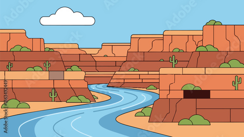 Vibrant vector desert landscape with flowing river and towering canyons under a clear sky adorned with a solitary cloud