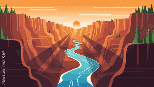Dynamic vector landscape art depicting a vast river canyon. A winding blue river flows between towering, stratified cliffs under a warm, glowing sun