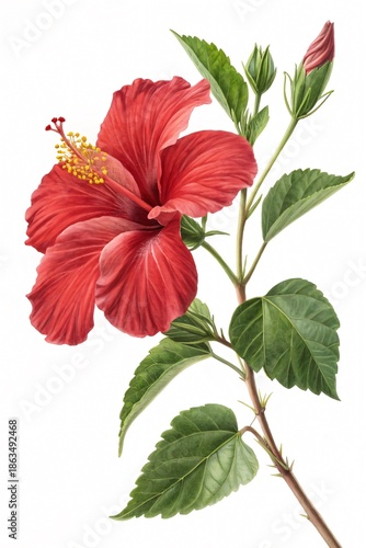 Red Hibiscus Flower with Green Leaves Isolated on White Background