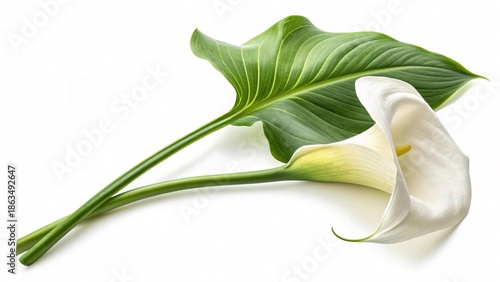 White Calla Lily Flower with Green Leaves Isolated on White Background