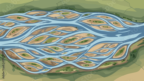 Aerial illustration of a complex braided river landscape with numerous islands and channels winding through diverse natural terrain