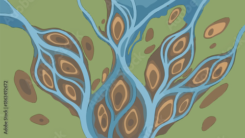 Vibrant abstract landscape depicting a complex river delta with flowing blue channels and earthy landforms