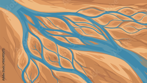 Dynamic waterways forming an elaborate natural network across a parched earth surface