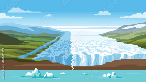 Dynamic glacial landscape undergoing visible transformation showcasing an arctic ecosystem impacted by warming temperatures leading to sea level