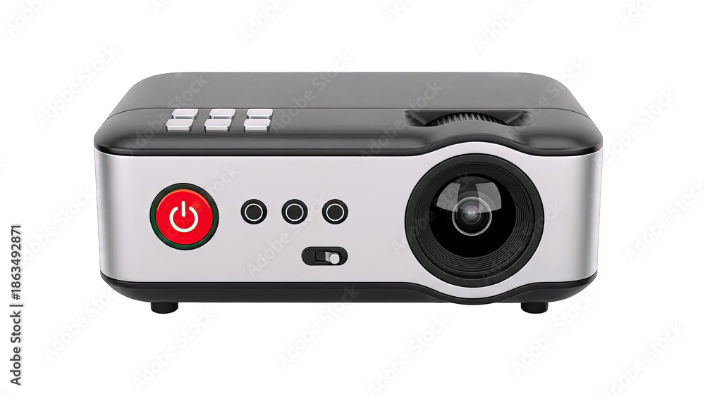 Fototapeta premium Compact Silver and Black Portable Projector with Power Button and Lens