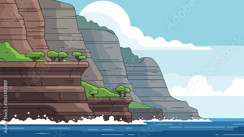 A vibrant vector illustration of majestic ocean cliffs overlooking a calm blue sea under a bright sky with fluffy clouds.