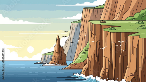 Cartoon coastal vista featuring majestic brown cliffs verdant plateaus dynamic sea waves and an ethereal sky with distant sun and numerous flying