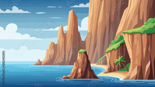 Vibrant coastal vista featuring colossal ocean cliffs and a secluded sandy shore under a bright sky