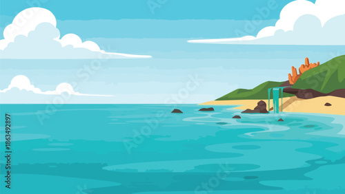Idyllic cartoon ocean vista featuring a tranquil beach, green hills, and a gentle waterfall scene.