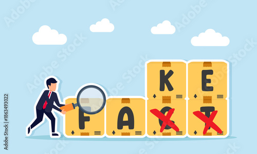 Businessman using magnifying glass to examine box labeled FACT or FAKE illustration of checking truth between fact and fake