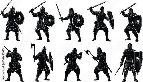 Medieval warrior silhouettes in battle poses with swords, shields, spears, and armor for historical and fantasy vector illustration content
