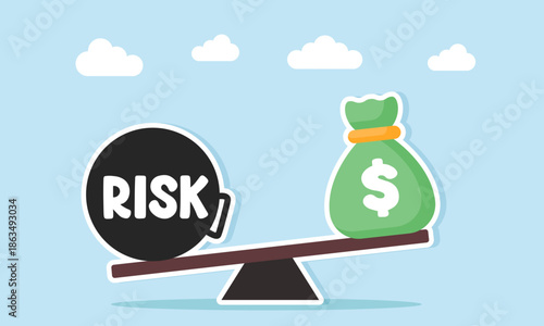 Seesaw with RISK weight on one side and money bag on the other illustration of income increase proportional to risk