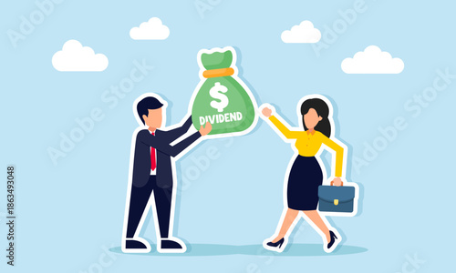 Businessman giving dividend money bag to businesswoman illustration of dividend distribution to company shareholders