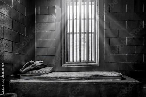 Grungy interior of an old stone jail cell with thin mattress and pillows on a concrete bed, light streaming in through window bars, nobody