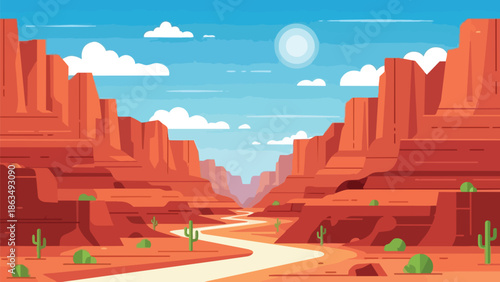 A stunning flat design vector art depiction of a grand desert canyon, illustrating colossal red rock formations, a winding trail, cacti, and a