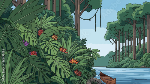 Vibrant tropical river scene with a canoe amidst lush exotic jungle flora and towering trees.