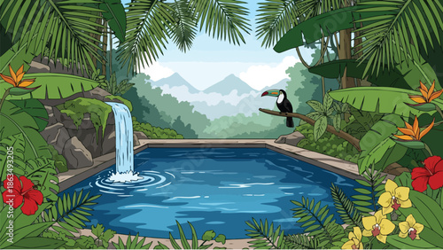 Lush jungle oasis illustration with waterfall, toucan, and tranquil pool against distant mountains