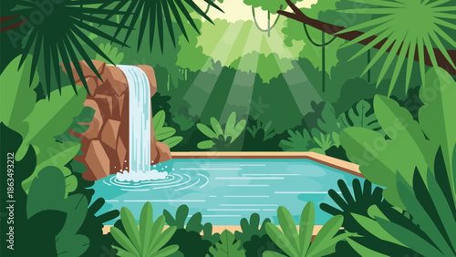 A captivating tropical jungle oasis illustration featuring a pristine waterfall flowing into a shimmering clear pool, illuminated by rays of