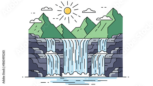 A charming minimalist vector illustration showcasing a grand mountain range with multiple serene cascading waterfalls under a bright and cheerful