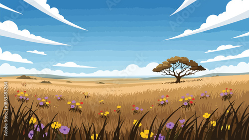 Vibrant savanna illustration, featuring a lone tree in golden plains with colorful wildflowers. Blue sky and streaky clouds complete this peaceful