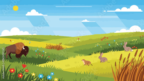 Vibrant flat design prairie with bison, rabbits, prairie dog, rolling green hills, wildflowers, clear blue sky and diverse wildlife habitat